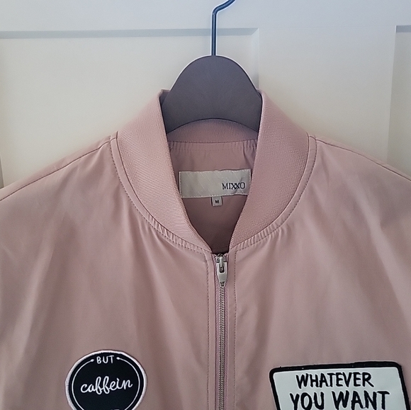 New MIXXO Pink Cotton Blend Bomber Jacket with Cute Word Patches Medium - Picture 3 of 15